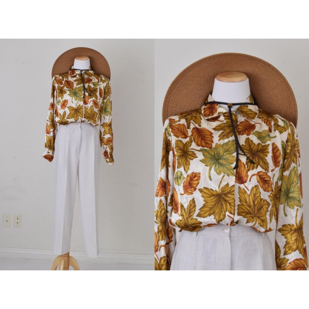 Vintage 80s Fall Leaves Polyester Button up Blouse by Notations‎ Petite | size 8
